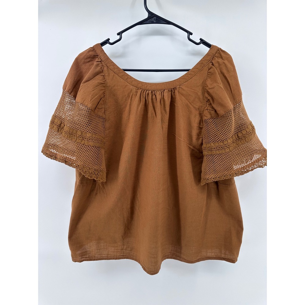 Old Navy Womens Large Brown Cotton Crochet Mesh Bell Sleeve Boho Blouse Top